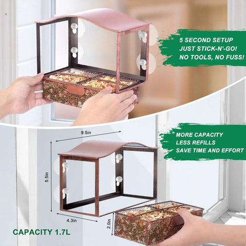 Metal Window Bird Feeder With Wide Viewing Window And Ultra Strong Suction Cups for easy mount on glass, weatherproof design