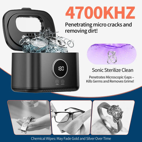 Powerful 20 Oz Ultrasonic Cleaner with 47kHz Frequency, 5 Cleaning Modes and UV Light for eyeglasses, rings, and more, showing open lid with items inside.