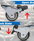 Set Of Four 1-1/2 Inch Low Profile Swivel Casters With Locking Brakes Quiet TPR Rubber Wheels in open and lock state on background