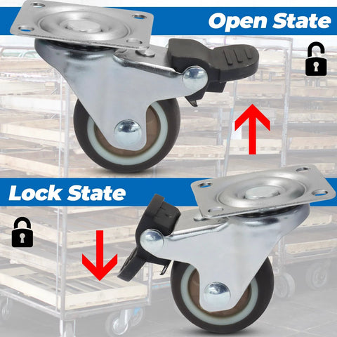 Set Of Four 1-1/2 Inch Low Profile Swivel Casters With Locking Brakes Quiet TPR Rubber Wheels in open and lock state on background