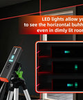 Portable Magnetic Laser Level With 15 Ft Cross Line Dual Mode Torpedo Level in use with red cross lines and LED lights visible.