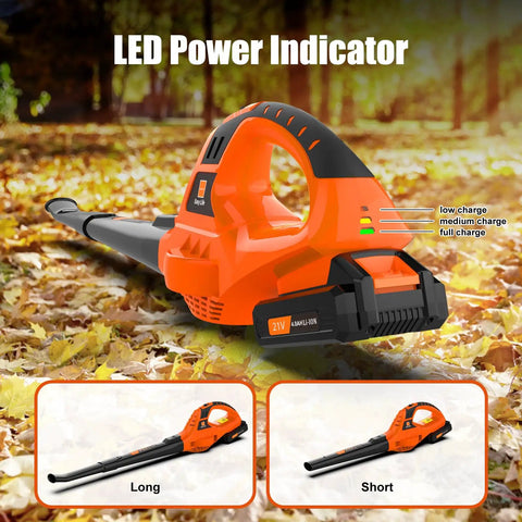21V Cordless Leaf Blower With 4.0Ah Battery And Fast Charger showing LED power indicator