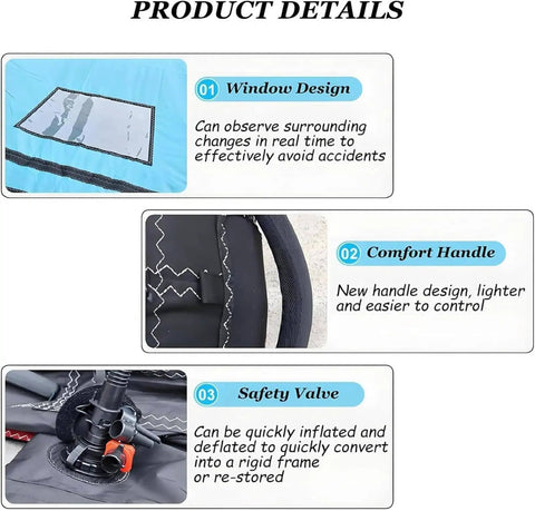 Product details of Dope Inflatable Wingfoil Board With Observation Window, featuring window design, comfort handle, and safety valve.