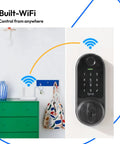 Smooth Zero Drama Keyless Entry With This Heavy Duty Wifi Smart Door Lock featuring keypad and wifi control on a white wall.