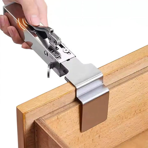 Adjustable Drawer Front Installation Clamps Featuring Hella Secure Grip and Quick Lock Design, shown aligned on wooden cabinet.
