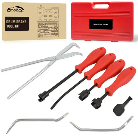 Eight Piece Pro Grade Drum Brake Tool Kit with red case, spring installer, remover, compressor, retainer pliers, adjustment spoons.