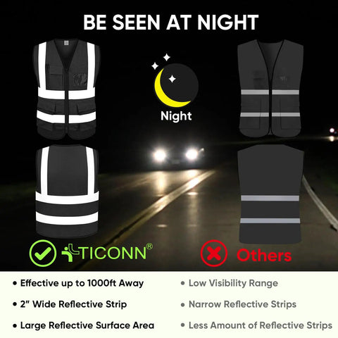 Top Shelf High Visibility Reflective Safety Vest, Class II Ansi Certified Mesh Design With Snag Free Pockets, Breathable Durable Fit For The Daily Grind Or Evening Patrol, Black Size Two X Large, shown in night setting.