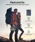 600W Portable Power Station With 576Wh LiFePO4 Battery And 100W Foldable Solar Panel held by hikers on rocky terrain.