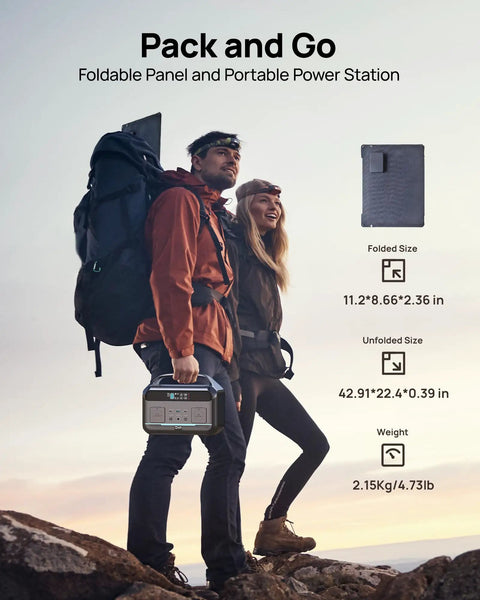 600W Portable Power Station With 576Wh LiFePO4 Battery And 100W Foldable Solar Panel held by hikers on rocky terrain.