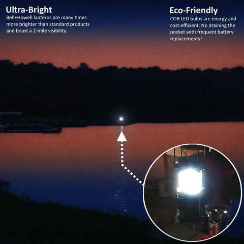 Taclight LED Lantern 8-Inch With Magnetic Base Portable Super Bright Collapsible Camping Light shining at night by a lake