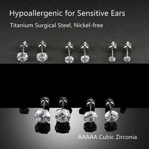 Dainty Titanium Surgical Steel Cz Stud Earrings Multipack Hypoallergenic 316L Nickel Free Screw Back Studs image showing four pairs of clear studs.