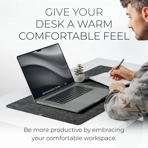 Large Felt Desk Mat 35 x 17 Inch Charcoal With Seamless Design And Anti Slip Rubber Dots Full Keyboard And Mouse Pad installed