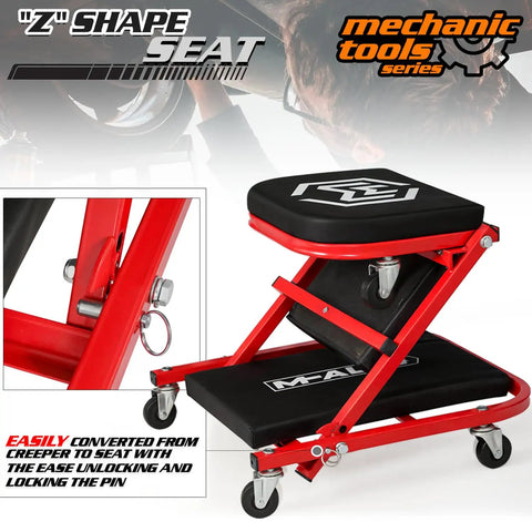 Grab-And-Go Foldable Z Creeper 2-In-1 Car Roller Seat 36 Inch Adjustable Converts From Creeper To Seat With Pin Heavy Duty Steel Frame