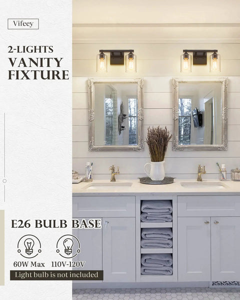 Farmhouse Style Dope Two Light Bathroom Vanity Lights Over Mirror With Clear Glass Shades in Oil Rubbed Bronze Wall Fixture