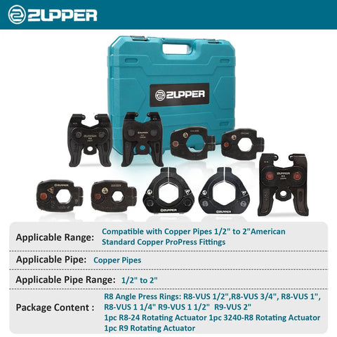 Copper Press Rings Kit For Pipes From Half Inch To Two Inches with six rings, adapters, jaws, in front of blue case