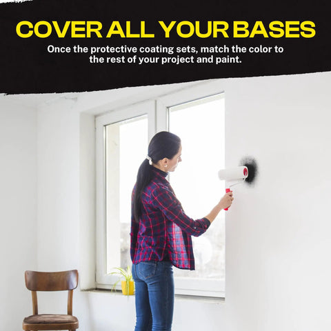 Woman using roller to apply Liquid Sealant Spray For Instant Leak Fix On Pipes, Roofs, And More Dries Black Finish Quick Set