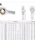 Top Shelf Metric Threaded Rod End Ball Joint Bearing Male Female Socket Featuring Angular Contact Left Hand Thread with dimensions chart.