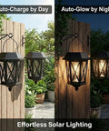 Outdoor Solar Lanterns Waterproof Hanging Solar Lights With Glass Shade Easy Hang Two Pack LED Metal Wall Mount Outdoor Lighting For Yard Garden Patio Black Weatherproof installed on wooden fence, daytime and nighttime views.