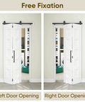 36 X 84 Inch White Primed Five Panel Bifold Barn Door Ready To Paint Top Shelf Interior Closet And Pantry Slider with left and right opening options.