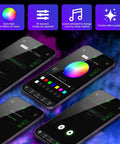 App interface for Dual Color 20W Twinkle Starlight Headliner Kit, showing color selection and sound activation features.