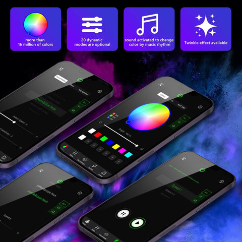 App interface for Dual Color 20W Twinkle Starlight Headliner Kit, showing color selection and sound activation features.