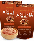 Two packs of All Natural Arjuna Powder For Heart Health And Wellness, Terminalia Arjuna Bark Supplement, No Preservatives, Vegan And GMP Certified, 3.52 oz each, with a wooden bowl of powder.