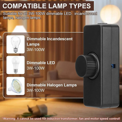 Inline LED Dimmer Switch 1 Gang for Table Lamps, Trailing Edge Rotary Dimmer, shown with compatible bulb types