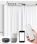 Top Shelf Motorized Smart Electric Curtain Track With Remote And Concealed Brackets, featuring white sheer curtains and smart devices.