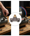 Installing Four Way Pneumatic Connection Block With Beefy Cast Iron Construction And Precision Machined Threads on air compressor