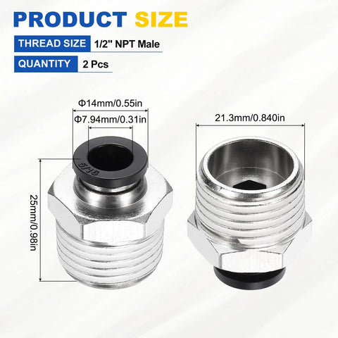 Two Pack Push to Connect Fittings for 0.31 Inch Tube and One Half Inch NPT, Nickel Plated Brass Straight Pneumatic Male Adapters size diagram