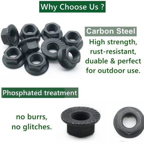 20Pcs M12 X 1.25 Serrated Flange Nut Set In Carbon Steel with rust-resistant finish, shown with phosphated treatment features