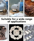 All-In-One Woodworking Grinding Wheel Set on angle grinder shaping wood, intricate carvings, and decorative patterns visible