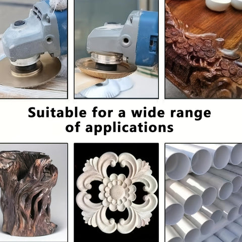 All-In-One Woodworking Grinding Wheel Set on angle grinder shaping wood, intricate carvings, and decorative patterns visible