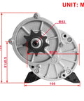 Front view of 24V 350W Geared Electric Motor MY1016Z3 With 9 Tooth Sprocket for e-scooter, dimensions in mm shown