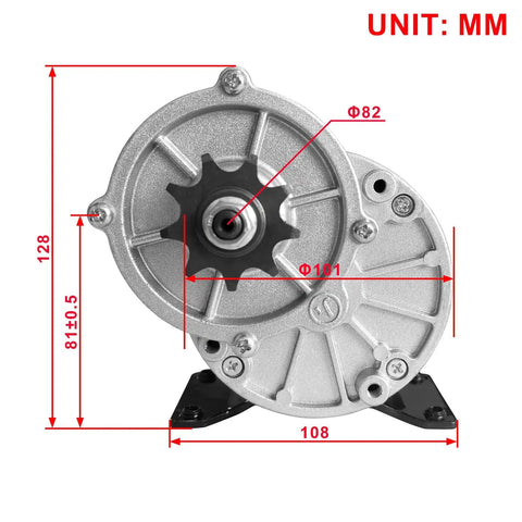 Front view of 24V 350W Geared Electric Motor MY1016Z3 With 9 Tooth Sprocket for e-scooter, dimensions in mm shown