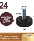 Round One Quarter Inch Thread Furniture Feet Levelers, 24 Pcs, Black, adjustable height 3/4 inch screw, size details shown.