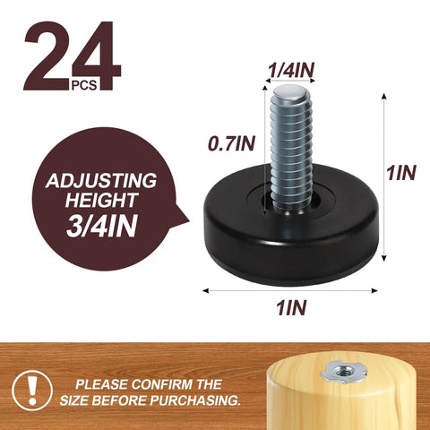 Round One Quarter Inch Thread Furniture Feet Levelers, 24 Pcs, Black, adjustable height 3/4 inch screw, size details shown.