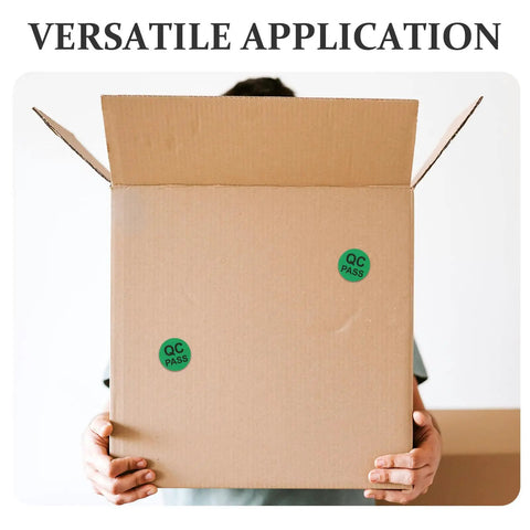 Quality Control Round Labels Pack 500 Self Adhesive QC Pass Stickers, green round labels on cardboard box