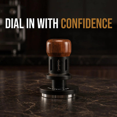 Close-up of 58mm espresso tamper with self leveling base, walnut handle on dark countertop, 'Dial in with Confidence' text.