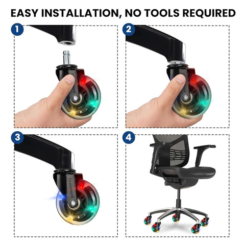 Installation of Heavy Duty Office Chair Casters Replacement Wheels for Carpet and Hardwood Floors with colorful lighting