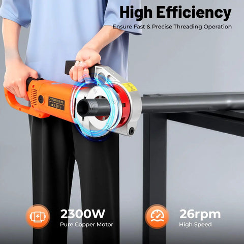 Heavy Duty Electric Pipe Threader With 6 Dies For Gas And Plumbing Projects Powerful 2300 Watt Hand Held Power Drive Kit in action.