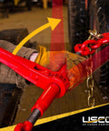 Worker adjusting Five Pack Heavy Duty Ratchet Chain Binders For Three Eighth And One Half Inch Chains With 9200 Lbs Working Load Limit