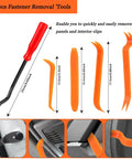 Massive 1240Pcs Car Retainer Clips And Fasteners Kit tools with five fastener removal tools showing dimensions and uses.