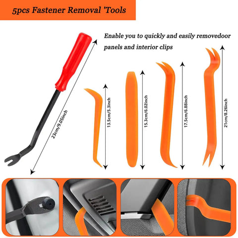 Massive 1240Pcs Car Retainer Clips And Fasteners Kit tools with five fastener removal tools showing dimensions and uses.