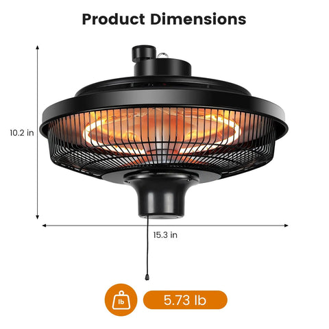 Hanging Patio Heater 1500W Infrared Ceiling Mount Heats Quickly In 3 Seconds With Adjustable Height Overheat Protection And IPX4 Water Resistance For Home Gazebo Garage Greenhouse, black round heater with dimensions 10.2 x 15.3 inches, weight 5.73 lb