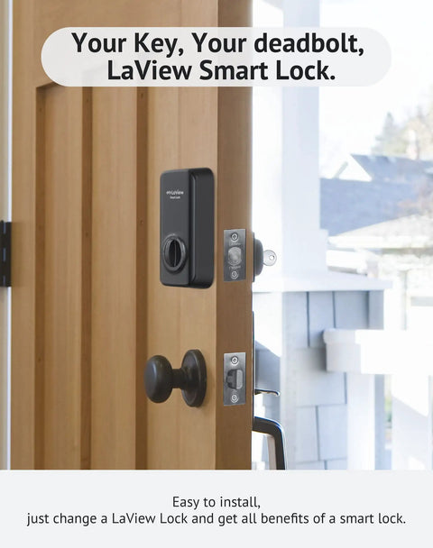 Bluetooth Enabled Smart Door Lock With Keyless Entry installed on wooden door, easy installation on most deadbolts.