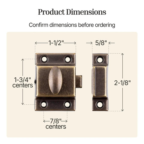 Product dimensions for Large Antique Brass Cabinet Door Latch Fitted With Slick Oval Turn Knob for precise fitting.