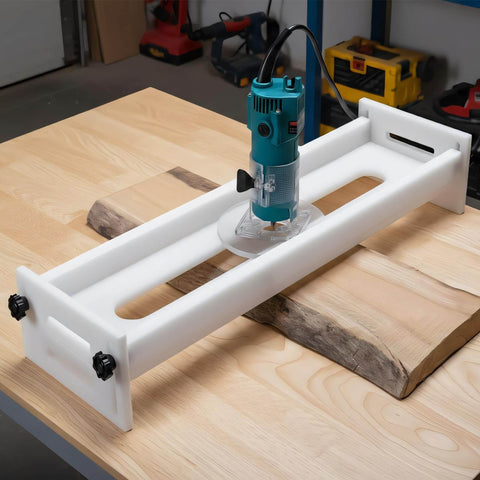 Beefy Adjustable Slab Flattening Jig For Router Sled 48 Inch HDPE Benchtop Mill Slab Jig with a router, white on wooden surface.