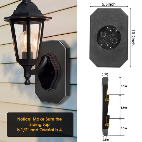 Outdoor Light Mounting Block For One Half Inch Lap Siding, Fits Double Vinyl Siding, T111, HardiePlank Lap Siding, And Flat Surfaces, 10.23x6.53x1.1 in black wall mount with exterior light