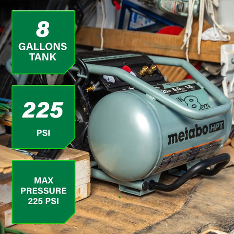 The Tank 8 Gallon Trolley Air Compressor With 225 PSI Built For Framing Siding Finish Or Roofing Nailers on a workbench